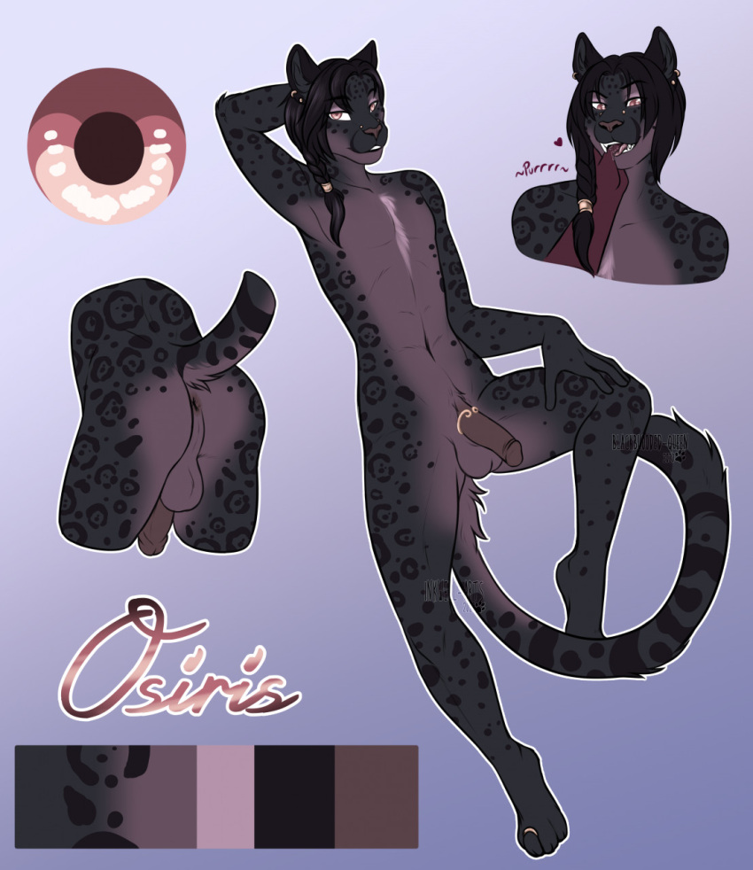 anthro black_body black_fur black_hair blackblood-queen felid fur genitals hair hand_in_mouth hi_res leopard long_hair long_tail lying male mammal model_sheet osiris_(blackblood-queen) pantherine penis purple_eyes solo spots tail text