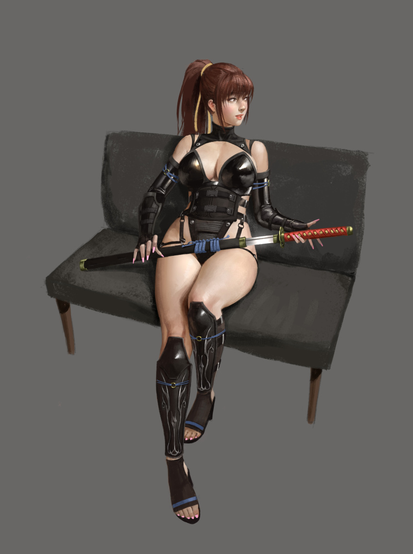 absurdres arm_guards armor bangku_an belt bench black_leotard brown_hair closed_mouth dead_or_alive detached_collar elbow_gloves fingerless_gloves full_body garter_straps gloves grey_background hair_ribbon high_heels highres holding holding_sword holding_weapon kasumi_(doa) knee_up leotard lipstick looking_to_the_side makeup multiple_belts nail_polish parted_lips pink_nails ponytail red_lips ribbon sheath shin_guards sidelocks simple_background sitting smile solo sword toeless_footwear toenail_polish toenails unsheathing weapon yellow_ribbon