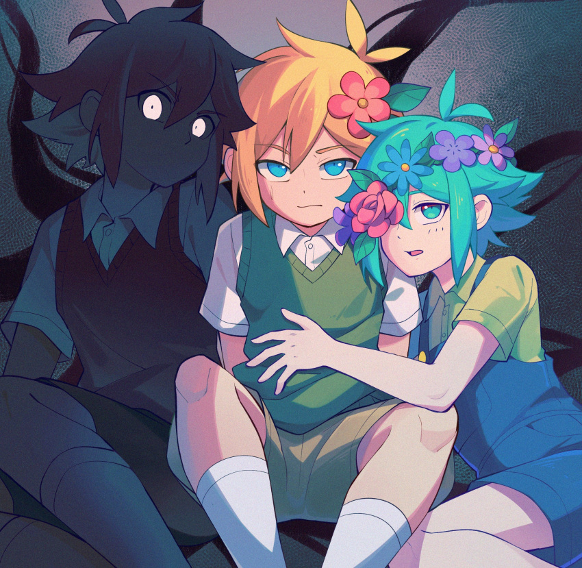 3boys basil_(faraway)_(omori) basil_(headspace)_(omori) basil_(omori) black_hair blonde_hair blue_eyes blue_overalls brick_st closed_mouth collared_shirt flower green_eyes green_hair green_shirt green_sweater_vest hair_flower hair_ornament head_wreath highres looking_at_viewer multiple_boys omori open_mouth overall_shorts overalls shirt short_hair short_sleeves sitting skirt socks stranger_(omori) sweater_vest white_shirt white_socks