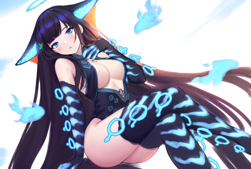 1girl animal_ears blue_eyes blue_fire blush breasts brown_hair closed_mouth commentary_request crossed_legs elbow_gloves fate/grand_order fate_(series) fire gloves hair_ornament halo hand_up head_tilt large_breasts leotard long_hair looking_at_viewer sitting siun solo thighhighs very_long_hair yang_guifei_(fate)