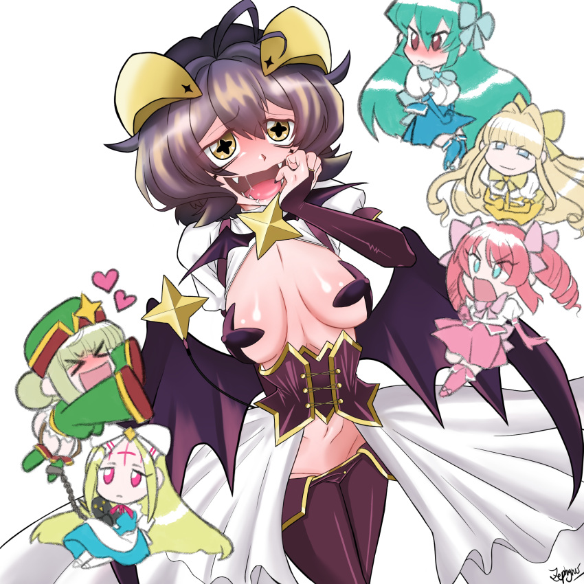 6+girls araga_kiwi breastless_clothes chibi cross-shaped_pupils hanabishi_haruka highres hiiragi_utena leopard magia_azul magia_baiser magia_magenta magia_sulphur magical_girl mahou_shoujo_ni_akogarete minakami_sayo morino_korisu multiple_girls nero_alice symbol-shaped_pupils tenkawa_kaoruko venalita