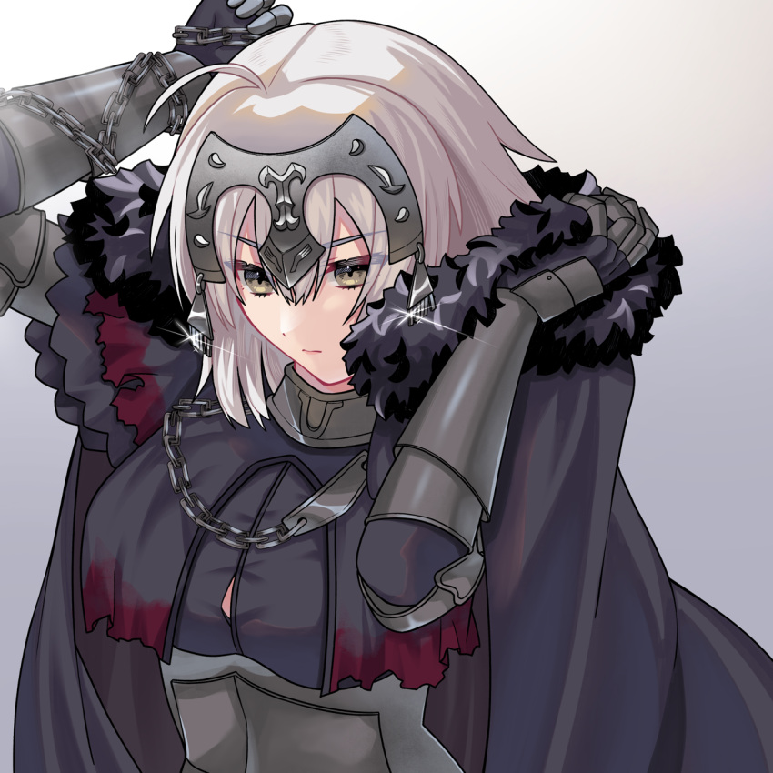 1girl akio_(akio1124) armor armored_dress black_dress breasts chain collar dress fate/grand_order fate_(series) gauntlets grey_hair headpiece highres jeanne_d'arc_alter_(avenger)_(fate) jeanne_d'arc_alter_(fate) large_breasts looking_at_viewer metal_collar short_hair solo yellow_eyes