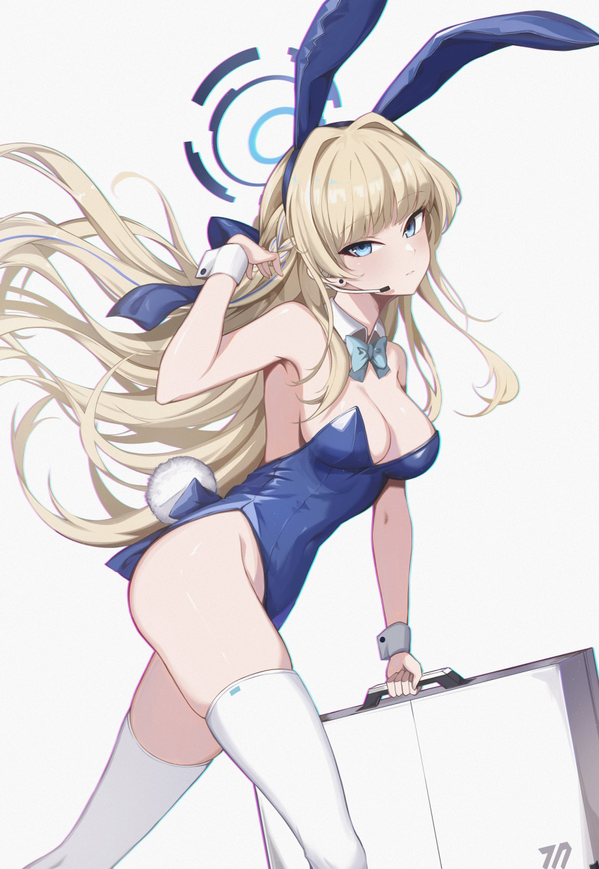 1girl animal_ears blonde_hair blue_archive blue_bow blue_bowtie blue_eyes blue_halo blue_leotard blush bow bowtie braid closed_mouth detached_collar fake_animal_ears halo highres kyuu_(chiu850513) leotard long_hair looking_at_viewer official_alternate_costume rabbit_ears solo strapless strapless_leotard toki_(blue_archive) toki_(bunny)_(blue_archive)