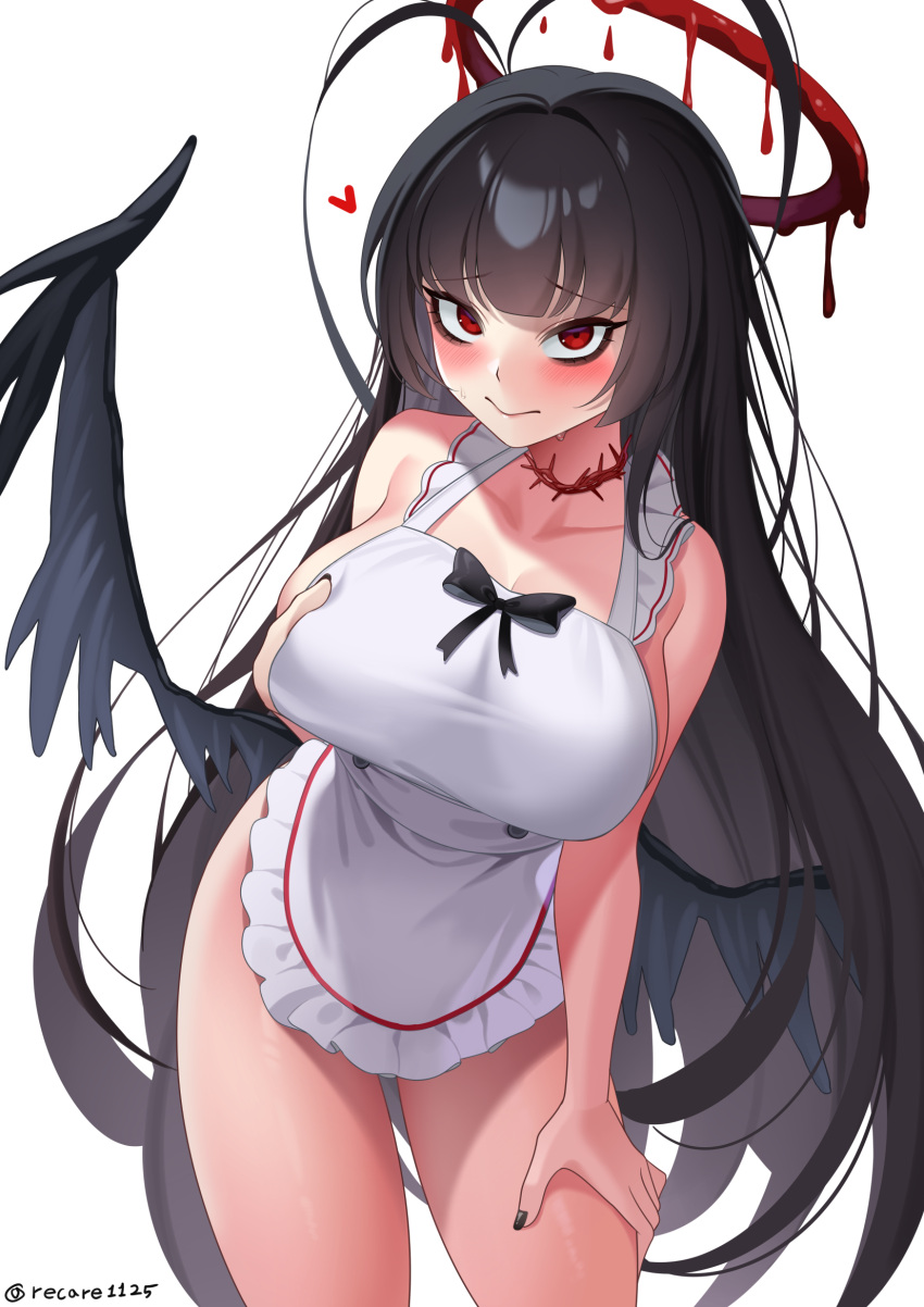 1girl apron black_hair black_nails black_wings blood_halo blue_archive blush breasts buttons cleavage cowboy_shot double-breasted embarrassed english_commentary feathered_wings frilled_apron frills grabbing_own_breast halo hand_on_own_thigh hand_up heart highres hip_focus large_breasts leaning_forward long_hair looking_at_viewer looking_up melting_halo messy_hair nail_polish naked_apron nervous recare red_eyes red_halo solo staring teasing thighs tsurugi_(blue_archive) very_long_hair wavy_mouth white_apron wings