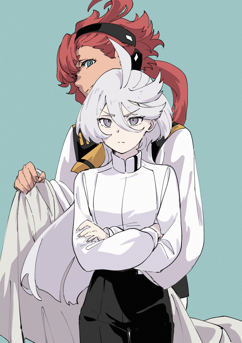 2girls absurdres asticassia_school_uniform black_hairband black_pants blanket blue_background blue_eyes closed_mouth collared_shirt commentary cowboy_shot crossed_arms frown grey_eyes gundam gundam_suisei_no_majo hairband highres holding holding_blanket jacket joker_(jjjokerrr233) long_hair long_sleeves miorine_rembran multiple_girls pants red_hair school_uniform shirt simple_background suletta_mercury v-shaped_eyebrows white_hair white_jacket white_shirt