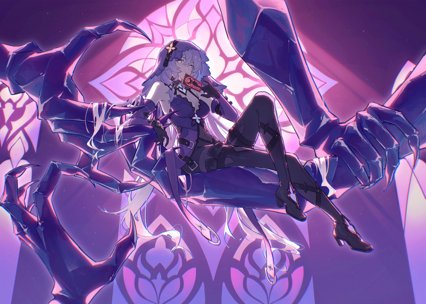 1girl bare_shoulders black_footwear black_swan_(honkai:_star_rail) boots breasts card cleavage commentary dress elbow_gloves gloves high_heel_boots high_heels highres holding holding_card honkai:_star_rail honkai_(series) mao_(expuella) medium_breasts purple_dress purple_hair sitting solo thigh_boots veil yellow_eyes