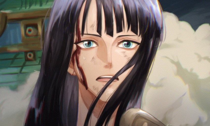 1girl bin_(binonep) black_hair blood blue_eyes blunt_bangs boat close-up commentary_request highres injury korean_commentary looking_to_the_side medium_hair nico_robin one_piece open_mouth smoke solo watercraft