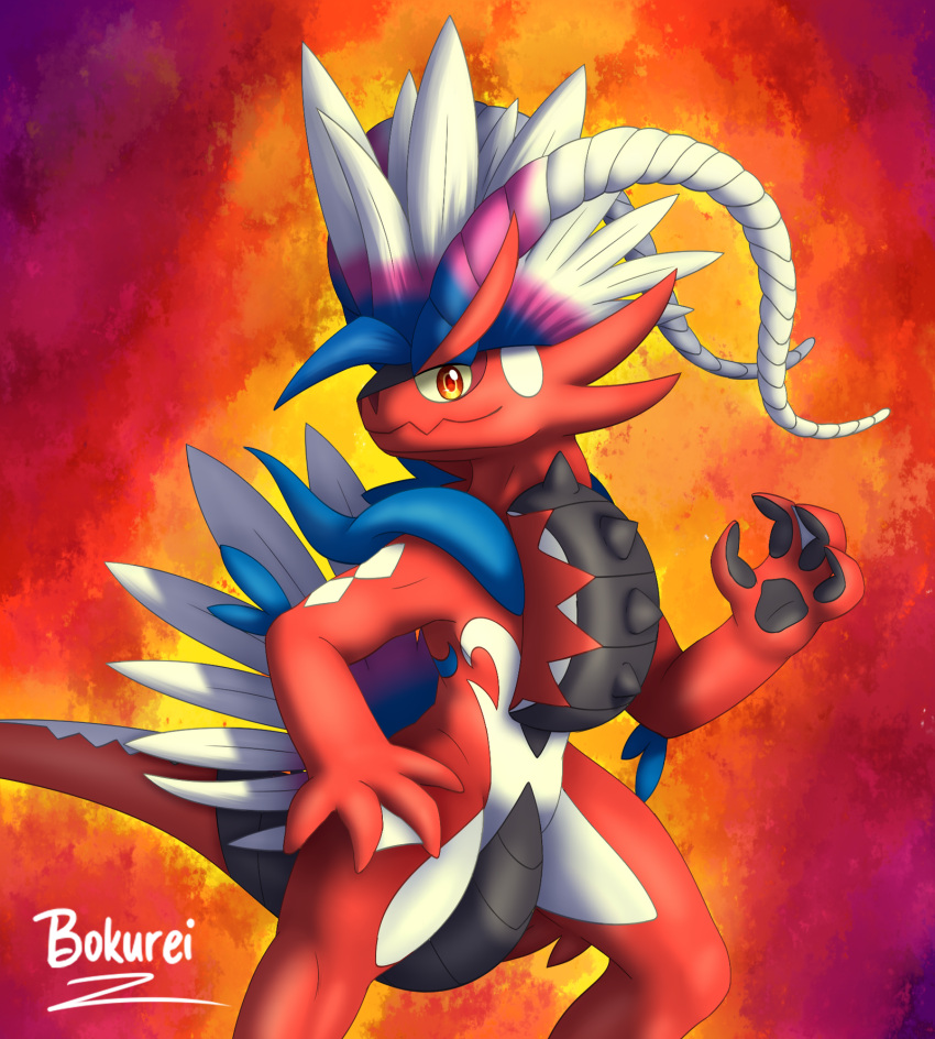 2022 abstract_background ancient_pokemon anthro apex_build_koraidon arm_tuft bokurei brown_eyes curled_fingers dragon elbow_tuft feathered_crest feathers front_view generation_9_pokemon head_crest hi_res horn koraidon legendary_pokemon long_horn looking_at_viewer male membrane_(anatomy) nintendo nude paradox_pokemon pokemon pokemon_(species) portrait pose scalie smile solo standing three-quarter_portrait tuft webbed_hands wheel white_body white_feathers