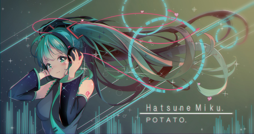 1girl absurdres aqua_eyes aqua_hair aqua_nails aqua_necktie artist_name bare_shoulders black_sleeves cable character_name commentary crying crying_with_eyes_open detached_sleeves floating_hair graphic_equalizer grey_shirt hair_ornament hands_on_headphones hands_up hatsune_miku headphones headset heart highres long_hair looking_at_viewer nail_polish necktie potato_(user_vmjc8744) shirt shoulder_tattoo sleeveless sleeveless_shirt solo sparkle star_(sky) tattoo tears twintails upper_body very_long_hair vocaloid wavy_mouth