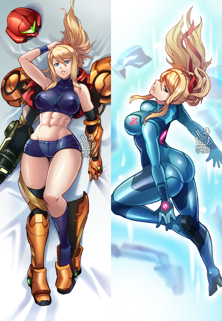 1girl abs arm_cannon armor armored_boots artist_name ass bare_shoulders bed_sheet blonde_hair blue_bodysuit blue_eyes bodysuit boots breasts commentary dakimakura_(medium) full_body hakuramen helmet highres lips long_hair looking_at_viewer lying medium_breasts metroid midriff mole mole_under_mouth multiple_views navel on_back parted_lips ponytail power_armor samus_aran shiny_clothes shorts shoulder_armor sidelocks skin_tight sleeveless stomach tank_top thighs turtleneck unworn_armor weapon wristband zero_suit