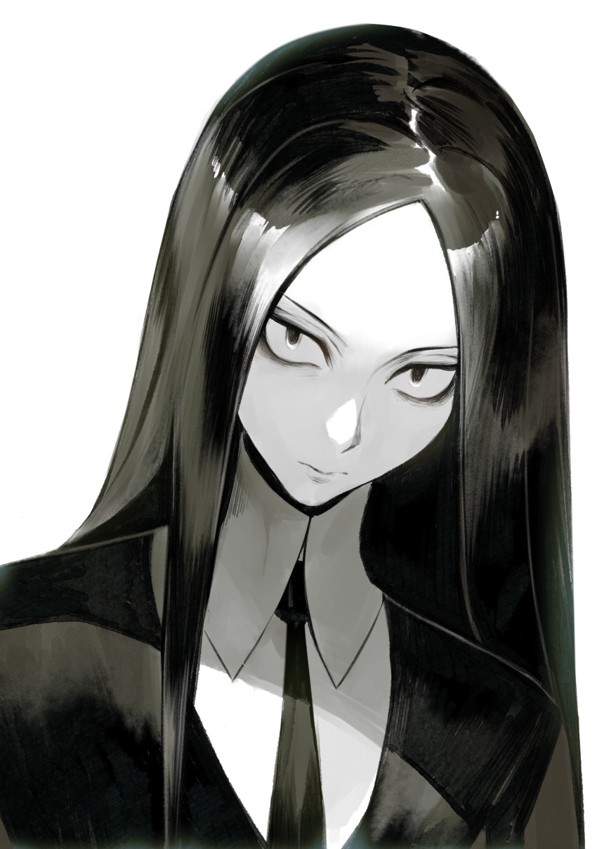 1other absurdres androgynous bort closed_mouth collared_shirt gem_uniform_(houseki_no_kuni) highres houseki_no_kuni long_hair looking_at_viewer monochrome necktie other_focus parted_bangs shirt solo straight_hair upper_body yonq98