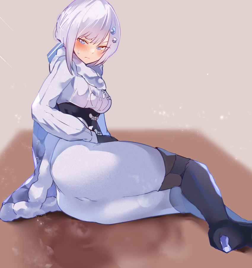 1girl akershus_fortress_(oshiro_project) arito_arayuru ass black_corset black_footwear black_gloves blue_bow blue_cape blue_cloak blue_eyes blush bodysuit boots bow braid breasts buttons cape cloak closed_mouth corset fluff fur-trimmed_cape fur-trimmed_cloak fur_trim gloves grey_hair hair_bow hair_ornament high_heels highres long_sleeves looking_back lying on_side oshiro_project:re padded_cloak shirt solo steam steaming_body sweat thigh_boots thighs tight_clothes wet white_bodysuit white_shirt