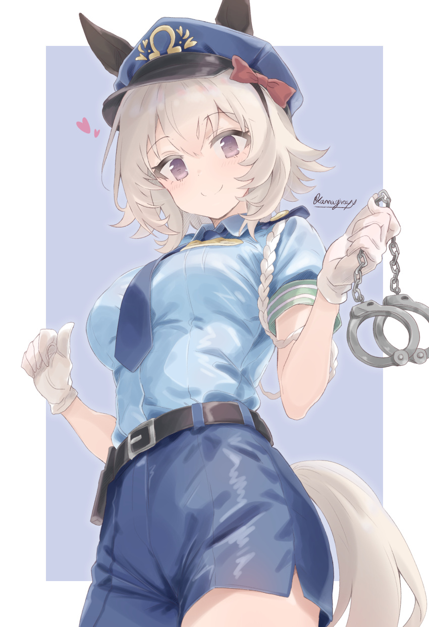 1girl alternate_costume alternate_hairstyle animal_ears belt belt_buckle blue_necktie blue_shirt blue_skirt braid braided_ponytail breasts buckle closed_mouth collared_shirt cowboy_shot cuffs curren_chan_(umamusume) ears_through_headwear gloves grey_hair hairband handcuffs hat heart highres holding holding_handcuffs horse_ears horse_girl horse_tail kannagiray long_hair looking_at_viewer medium_breasts necktie police police_hat police_uniform purple_eyes shirt shirt_tucked_in short_hair short_sleeves skirt smile solo tail twitter_username umamusume uniform white_gloves