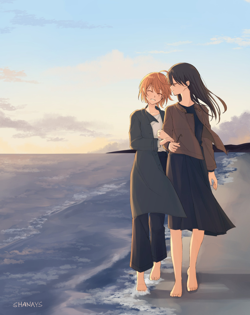 2girls ^_^ absurdres ahoge arm_grab artist_name barefoot beach black_coat black_dress black_hair black_pants brown_hair brown_jacket closed_eyes closed_mouth cloud coat commentary couple dress floating_hair hashtag_only_commentary highres horizon jacket koito_yuu long_hair long_sleeves multiple_girls nanami_touko ocean open_clothes open_coat open_jacket outdoors pants shanays short_hair sky smile yagate_kimi_ni_naru yuri