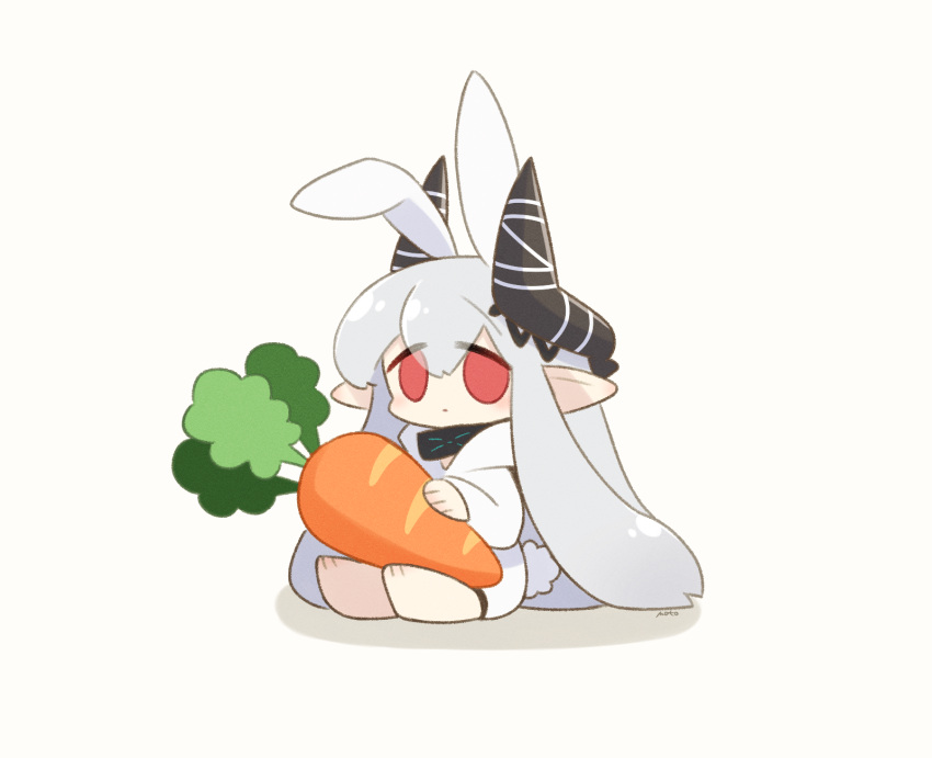 animal_ears arknights carrot chibi hair_ornament highres hood hoodie horns infection_monitor_(arknights) long_hair looking_at_viewer mooootmt mudrock_(arknights) pointy_ears rabbit_ears rabbit_tail red_eyes tail very_long_hair white_background white_hair white_hoodie