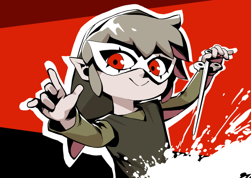 5_fingers clothing cosplay crossover crossover_cosplay elf fingers hair hi_res humanoid humanoid_pointy_ears hylian male mask nikogeyer nintendo not_furry persona_(series) persona_5 red_eyes simple_background smile solo the_legend_of_zelda toon_link wind_waker