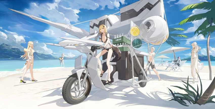 2boys 4girls alchemy_stars bare_legs beach beach_umbrella bianyuanqishi bikini black_bikini blonde_hair carleen_(alchemy_stars) chair cloud commentary_request day eicy_(alchemy_stars) eyeball faceless faceless_male glass_bottle ground_vehicle high_heels highres kleken_(alchemy_stars) long_hair looking_afar looking_at_another lounge_chair mountain multiple_boys multiple_girls navigator_(alchemy_stars) official_art outdoors palm_tree promotional_art propane_tank pushing reclining sandals see-through shadow shore short_hair short_sleeves shorts swimsuit tail tree umbrella uriah_(alchemy_stars) vending_cart vice_(alchemy_stars) water