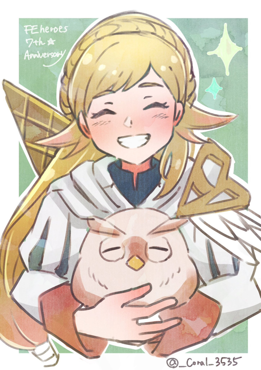 2girls animal bird blonde_hair braid closed_eyes coral_3535 crown_braid facing_viewer feather_trim feh_(fire_emblem_heroes) fire_emblem fire_emblem_heroes highres holding holding_animal holding_bird multiple_girls owl sharena_(fire_emblem)