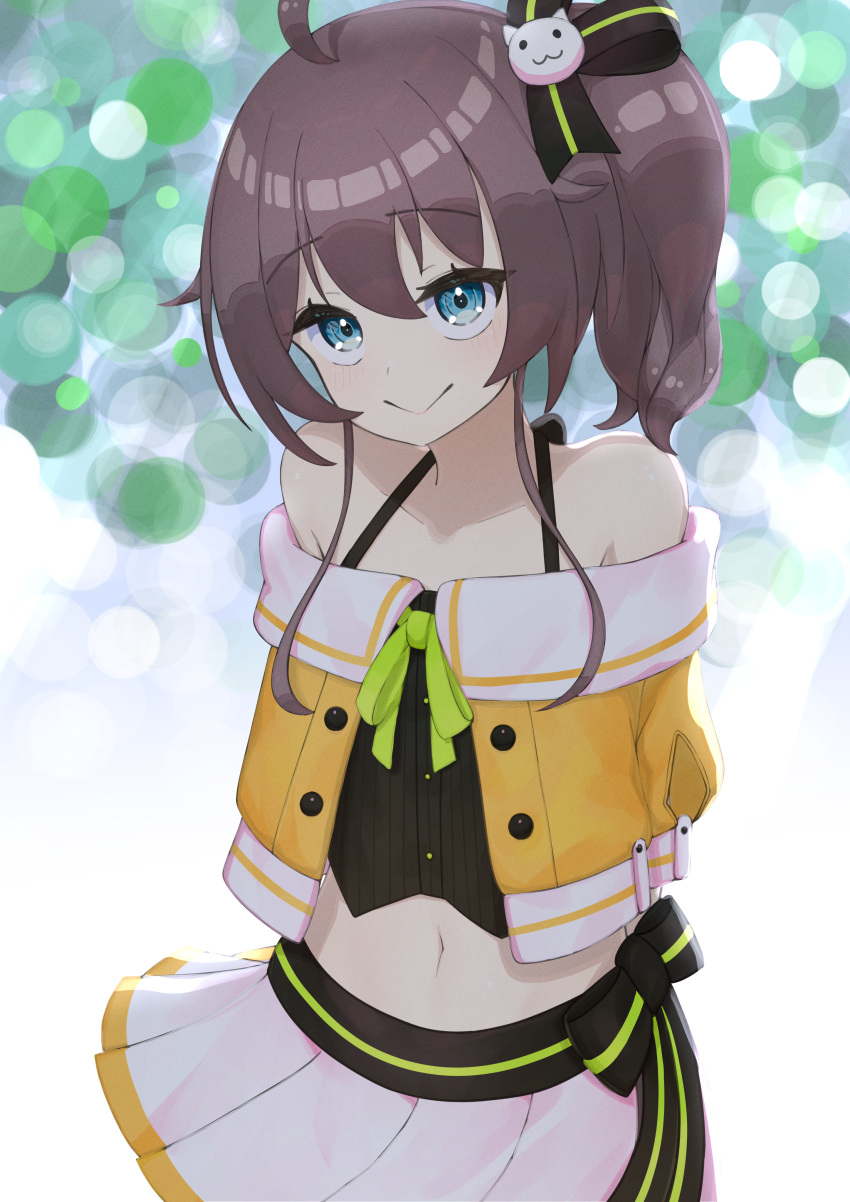 1girl :&gt; absurdres arms_behind_back bad_id bad_pixiv_id bangs bare_shoulders black_camisole black_ribbon blue_eyes brown_hair camisole cat_hair_ornament closed_mouth crop_top cropped_jacket green_ribbon hair_between_eyes hair_ornament hair_ribbon halterneck highres hololive jacket looking_at_viewer lunch_boxer medium_hair miniskirt natsuiro_matsuri navel neck_ribbon off-shoulder_jacket off_shoulder orange_jacket pinstripe_camisole pinstripe_pattern pleated_skirt ribbon short_sleeves side_ponytail skirt solo spaghetti_strap striped virtual_youtuber white_skirt