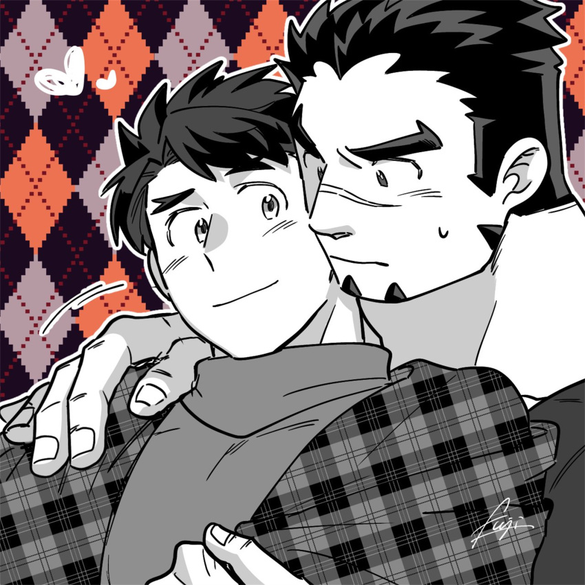 2boys akashi_(live_a_hero) bara blush checkered_background couple facial_hair fujishima_kazuya goatee greyscale_with_colored_background hand_on_another's_shoulder highres large_hands light_smile live_a_hero long_sideburns male_focus male_protagonist_(live_a_hero) motion_lines multiple_boys nervous short_hair sideburns sweatdrop thick_eyebrows upper_body yaoi