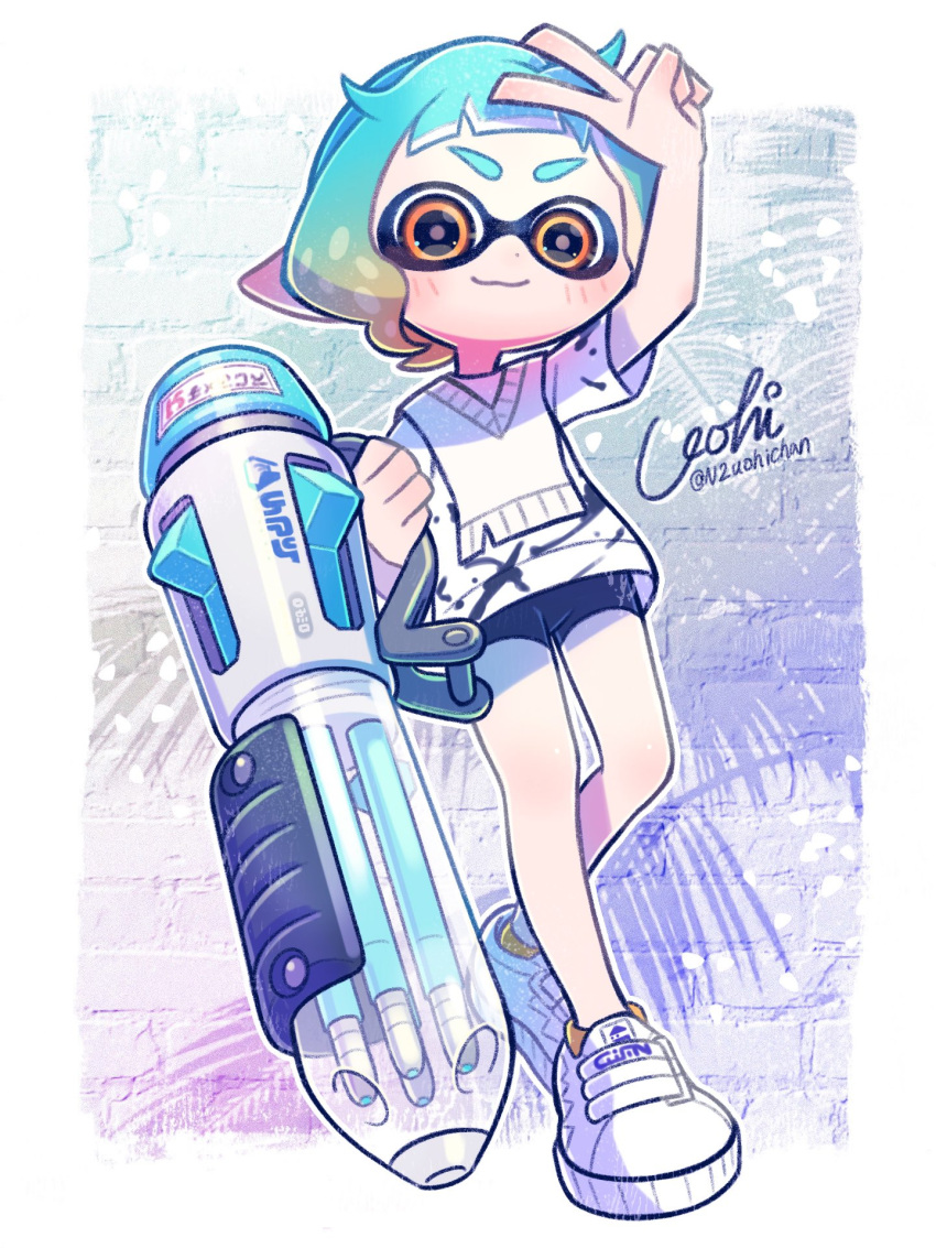 1boy artist_name ballpoint_splatling_(splatoon) bike_shorts blue_hair border closed_mouth commentary_request full_body gradient_hair highres inkling_boy inkling_player_character multicolored_hair n2uohichan orange_eyes orange_hair outside_border pointy_ears shirt shoes short_hair smile solo splatoon_(series) splatoon_3 standing sticker tentacle_hair thick_eyebrows twitter_username two-tone_hair v white_border white_footwear white_shirt