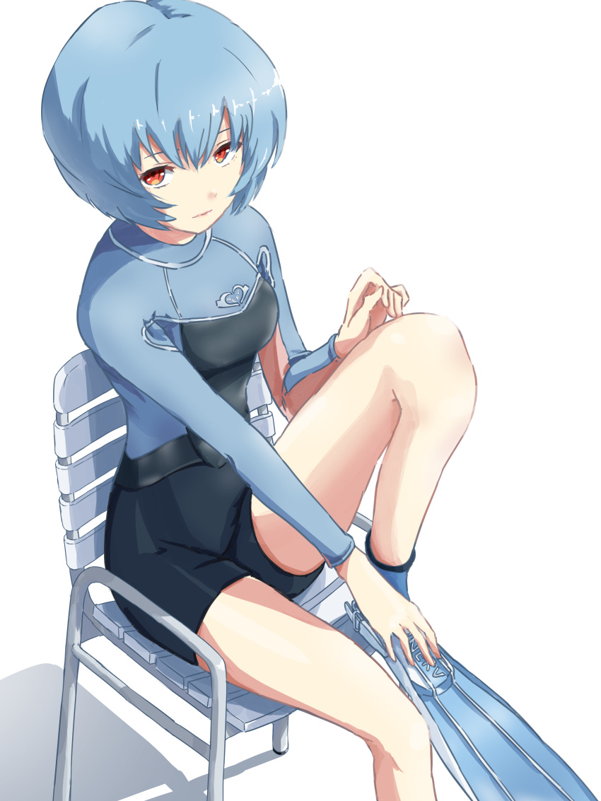 1girl absurdres adjusting_footwear ayanami_rei black_wetsuit blue_hair bodysuit breasts chair commission diving_suit feet_on_chair flippers highres knee_up looking_at_viewer neon_genesis_evangelion pixiv_commission red_eyes short_hair sitting small_breasts solo springsuit strap tsutarou two-tone_bodysuit wetsuit white_background