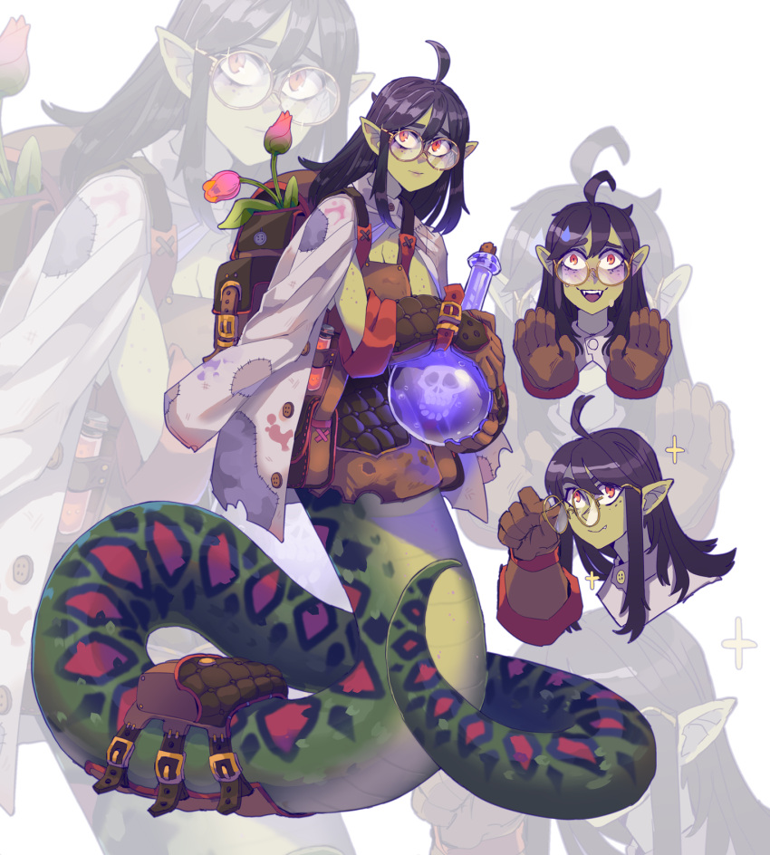1girl ahegao alchemist backpack bag black_hair body_armor body_freckles breasts brown_gloves cleavage colored_skin commentary english_commentary extremely-nervess fangs fanny_pack flask flower freckles from_side full_body glasses gloves green_skin head_down highres holding holding_flask lamia long_hair looking_at_viewer monster_girl multicolored_skin original patch patchwork_clothes pointy_ears portrait red_eys red_skin shirt skull slit_pupils small_breasts snake_tail solo sparkle standing sweatdrop tail tulip vial white_shirt