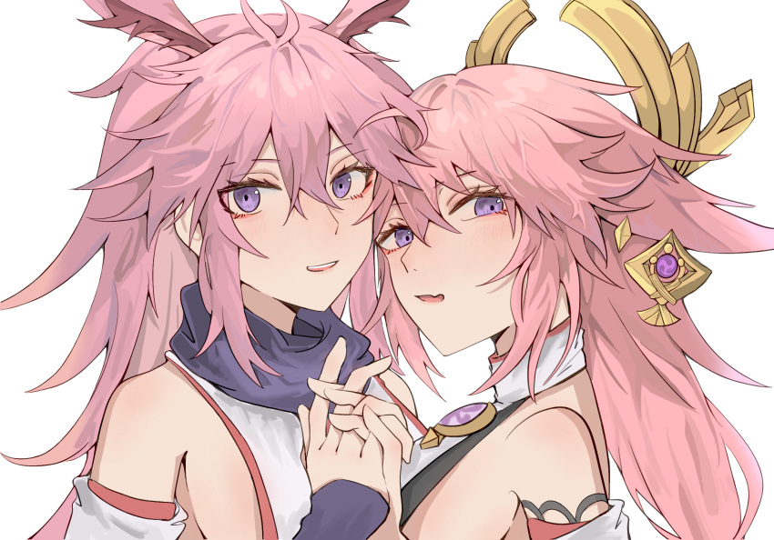 2girls :d animal_ears bangs bare_shoulders company_connection crossover earrings fox_ears genshin_impact hair_between_eyes hair_ornament highres holding_hands honkai_(series) honkai_impact_3rd interlocked_fingers japanese_clothes jewelry looking_at_viewer mihoyo_technology_(shanghai)_co._ltd. miko multiple_girls namesake open_mouth pink_hair purple_eyes sakura_ayane shiba257 simple_background smile voice_actor_connection white_background yae_(genshin_impact) yae_sakura yae_sakura_(gyakushinn_miko)