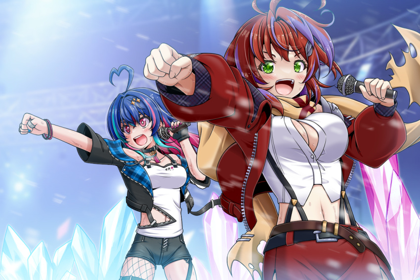 2girls :d ahoge akane_canna akane_canna_(1st_costume) alive_musix antenna_hair armor belt black_belt black_choker black_jacket black_shorts blue_hair blue_jacket blush breasts brown_belt button_gap choker cleavage clenched_hand clothing_cutout commentary_request cowboy_shot crystal fingernails fishnet_thighhighs fishnets green_eyes grin hair_between_eyes hair_intakes heart heart_ahoge holding holding_microphone jacket large_breasts long_hair looking_afar looking_at_viewer loose_belt mair_(alive_musix) medium_bangs medium_breasts microphone midriff miso_panda multicolored_hair multiple_girls nanashi_inc. navel open_clothes open_jacket open_mouth pauldrons pencil_skirt pink_eyes pink_hair pink_nails plaid plaid_jacket purple_hair red_hair red_jacket red_skirt scarf shirt short_hair shorts shoulder_armor single_pauldron skirt smile snow stage stage_lights stomach_cutout streaked_hair suspender_skirt suspenders sweat tank_top teeth thighhighs torn_clothes torn_scarf two-sided_fabric two-sided_jacket two-tone_hair upper_body upper_teeth_only virtual_youtuber white_shirt white_tank_top wing_hair_ornament yellow_scarf zipper