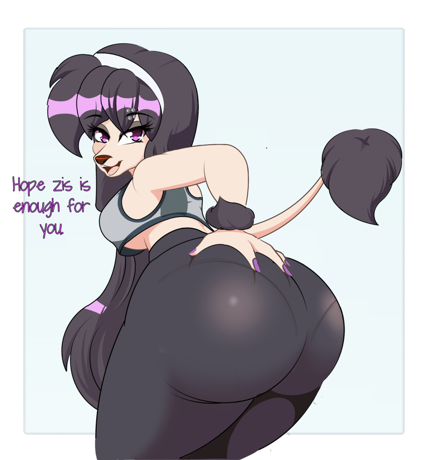 absurd_res alys_faiblesse_(zelripheth) anthro arm_tuft big_butt black_eyeshadow black_hair breasts butt canid canine canis clothing colored_nails domestic_dog english_text eyeshadow female fluffy_ears hair hand_on_butt hi_res leaning leaning_forward leggings legwear long_hair looking_at_viewer makeup mammal nails poodle purple_eyes raised_tail rear_view simple_background solo standard_poodle tail tail_tuft talking_to_viewer text tuft under_boob wrist_tuft zelripheth