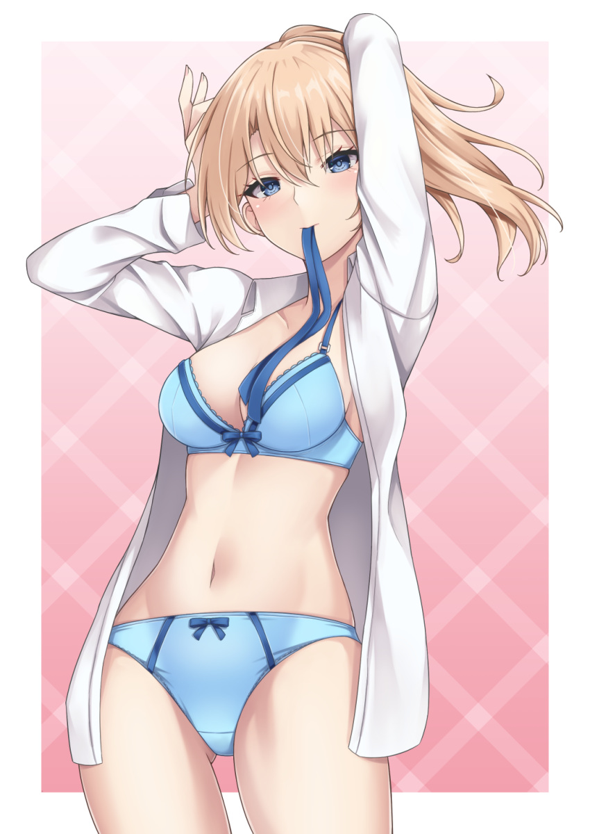 1girl arms_up blue_bra blue_girl_(rei) blue_panties blue_ribbon blush bow bow_panties bra breasts cleavage cowboy_shot crotch_seam dress_shirt dressing half-closed_eyes highres lace-trimmed_panties lace_trim long_hair long_sleeves looking_at_viewer medium_breasts mouth_hold navel no_pants open_clothes open_shirt original panties pink_background ponytail rei_(09991) ribbon ribbon_in_mouth shirt solo standing tying_hair underwear wind