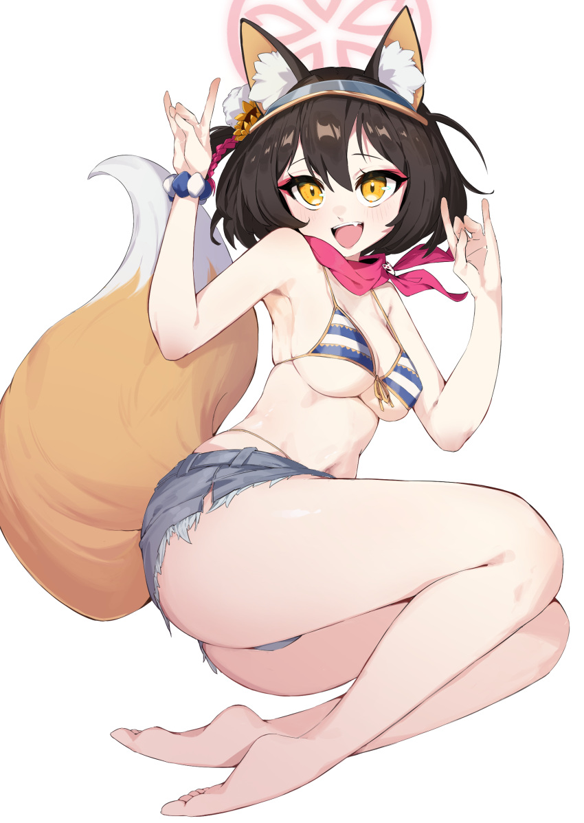 1girl :d absurdres animal_ears bikini blue_archive blue_shorts breasts brown_hair commentary_request denim denim_shorts double_fox_shadow_puppet fox_ears fox_girl fox_shadow_puppet fox_tail halo highres izuna_(blue_archive) izuna_(swimsuit)_(blue_archive) legs looking_at_viewer medium_breasts official_alternate_costume open_mouth red_halo short_hair shorts smile solo striped_bikini striped_clothes swimsuit tail thighs yagantoegeun yellow_eyes