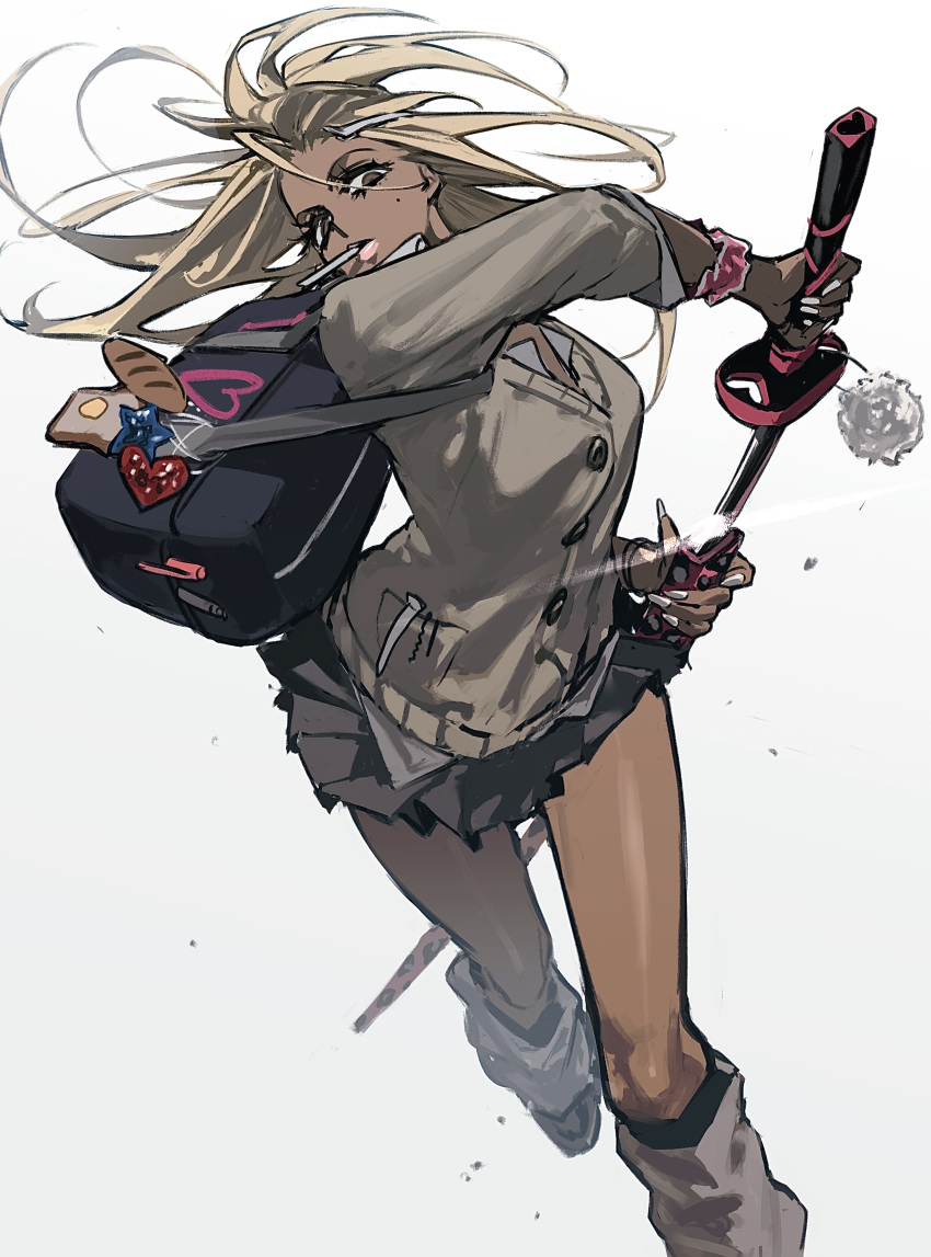 1girl absurdres ankle_socks bag black_bag blonde_hair candy dark-skinned_female dark_skin food ganguro gradient_background grey_background grey_skirt grey_sweater gyaru highres holding holding_candy holding_food holding_lollipop holding_sword holding_weapon katana lipstick lollipop long_hair looking_at_viewer ma0ma0_0 makeup manicure miniskirt mole mole_under_eye nail_polish original pink_lips pleated_skirt shoulder_bag skirt socks solo sweater sword weapon white_nails