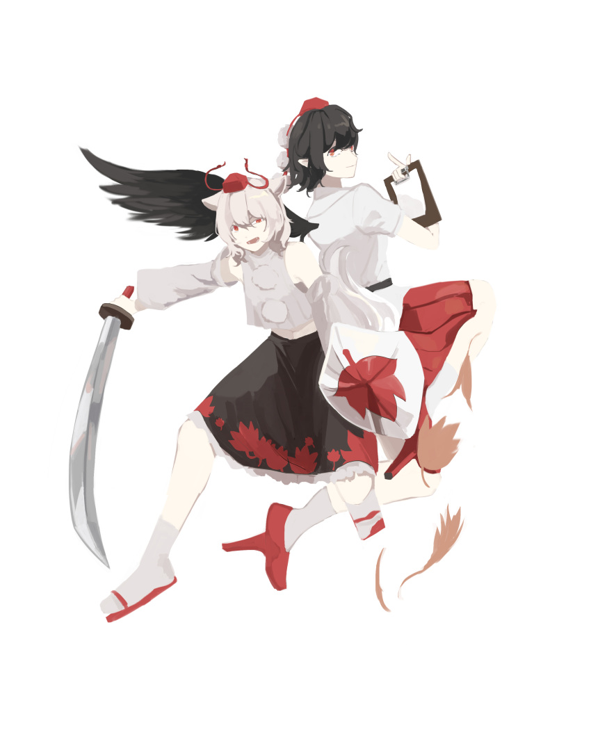 2girls absurdres animal_ears back-to-back bare_shoulders bird_wings black_hair black_skirt black_wings chinese_commentary clipboard closed_mouth commentary_request detached_sleeves feathered_wings frilled_skirt frills full_body geta hat highres holding holding_clipboard holding_shield holding_sword holding_weapon inubashiri_momiji kanghan_kang_yanjian leaf leaf_print long_sleeves maple_leaf maple_leaf_print medium_skirt miniskirt multiple_girls open_mouth paper pointy_ears pom_pom_(clothes) puffy_short_sleeves puffy_sleeves red_eyes red_footwear red_headwear red_skirt sandals shameimaru_aya shield shirt short_sleeves simple_background skirt sleeveless sleeveless_shirt smile socks sword tabi tail tengu-geta tokin_hat touhou turtleneck weapon white_background white_shirt white_sleeves white_socks wings wolf_ears wolf_tail zouri