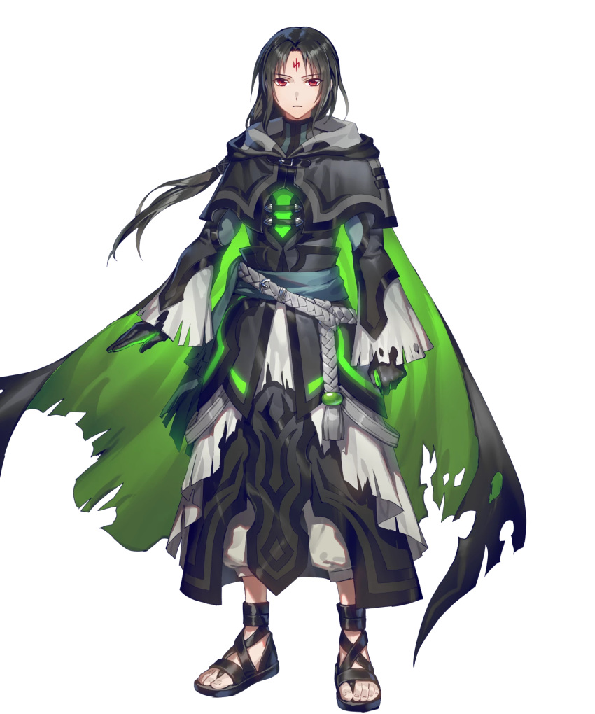 1boy black_cape black_gloves black_hair cape facial_mark fire_emblem fire_emblem:_path_of_radiance fire_emblem_heroes forehead_mark frown gloves glowing green_cape green_eyes highres long_hair looking_at_viewer multicolored_cape multicolored_clothes non-web_source official_alternate_costume official_art ponytail sandals solo soren_(fire_emblem) soren_(resplendent)_(fire_emblem) tachi-e torn_cape torn_clothes torn_sleeves