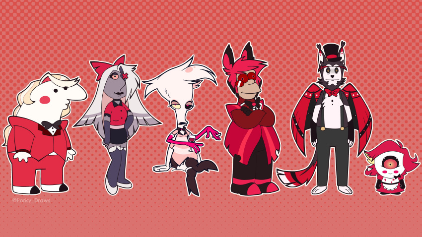 3boys 3girls absurdres alastor_(hazbin_hotel) american_dad! angel_dust animal_ears apron arm_support arms_at_sides black_bow black_bowtie black_choker black_footwear black_gloves black_hair black_headwear black_lips black_pants black_sclera black_shorts black_wings blonde_hair blush_stickers bob's_burgers bob_belcher body_fur boots bow bowtie cat_boy cat_ears charlie_dompler charlie_morningstar choker cigarette closed_mouth coat colored_sclera colored_skin commentary crossed_arms crossed_legs cup cyclops dress drinking_glass english_commentary extra_arms eyepatch family_guy fingerless_gloves frown full_body fur-tipped_tail furry furry_male genre_connection gloves gradient_background grey_hair grey_skin hair_bow hair_over_one_eye hat hazbin_hotel highres holding holding_cigarette holding_cup homer_simpson husk_(hazbin_hotel) invisible_chair jacket lois_griffin long_hair long_sleeves looking_at_viewer mismatched_sclera monocle monster_boy monster_girl multicolored_hair multicolored_wings multiple_boys multiple_girls multiple_style_parody niffty_(hazbin_hotel) one-eyed open_mouth outline pants parody pink_background pink_dress pink_eyes pink_gloves pink_hair pink_jacket pink_sclera polka_dot polka_dot_background porky_draws purple_gloves red-framed_eyewear red_bow red_bowtie red_coat red_eyes red_hair red_jacket red_pants red_sclera red_wings roger_(american_dad) shirt short_hair short_sleeves shorts simple_background sitting smile smiling_friends solid_eye south_park standing striped_clothes striped_jacket style_parody suspenders tail the_simpsons thigh_boots top_hat torn_clothes torn_coat traditional_bowtie two-tone_fur two-tone_hair vaggie white_apron white_footwear white_fur white_gloves white_hair white_outline white_shirt wine_glass wings yellow_eyes yellow_pupils yellow_sclera