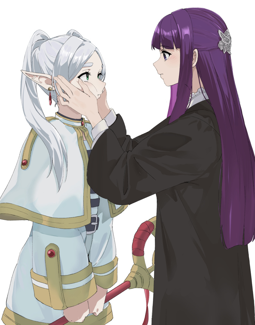 2girls absurdres bad_hands belt black_robe blue_eyes capelet earrings eye_contact fern_(sousou_no_frieren) frieren hair_ornament hands_on_another's_cheeks hands_on_another's_face highres holding holding_staff jewelry long_hair long_sleeves looking_at_another multiple_girls purple_eyes purple_hair qto_toto robe simple_background sousou_no_frieren staff standing thick_eyebrows twintails very_long_hair white_background white_capelet