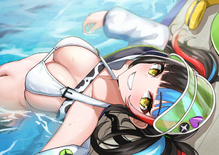 1girl badge bare_shoulders bikini black_hair black_shorts blue_hair blush boo_iro breasts button_badge cleavage commentary_request fate/grand_order fate_(series) green_headwear grin headphones highres jacket large_breasts leaning_back long_hair long_sleeves looking_at_viewer multicolored_hair navel off_shoulder open_clothes open_jacket pool poolside red_hair revision sei_shounagon_(fate) sei_shounagon_(swimsuit_berserker)_(fate) shorts sidelocks smile swimsuit twintails visor_cap water wet white_bikini white_jacket yellow_eyes