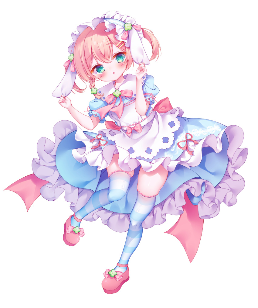 1girl absurdres amahane_yotsuha animal_ears apron blue_dress blue_hairband blush bow braid chestnut_mouth collared_dress dress floppy_ears frilled_dress frilled_hairband frills full_body fuxiyu grabbing_another's_ear green_eyes hair_between_eyes hairband hand_on_another's_ear hands_up highres light_brown_hair looking_at_viewer parted_lips pink_bow pink_footwear puffy_short_sleeves puffy_sleeves rabbit_ears shoes short_sleeves simple_background skindentation solo standing standing_on_one_leg striped_clothes striped_thighhighs thighhighs twintails vgaming virtual_youtuber white_apron white_background