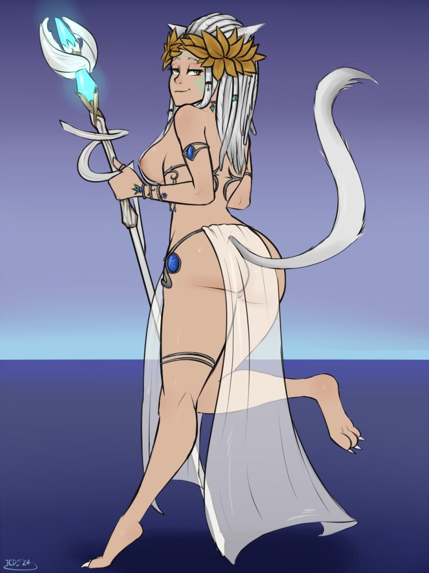 animal_humanoid bodypaint breasts butt cat_ears_(disambiguation) clothing face_paint female fur genitals hashdrawingslasher hi_res humanoid jewelry looking_back miqote mostly_nude pussy solo staff thick_thighs translucent translucent_clothing white_body white_fur