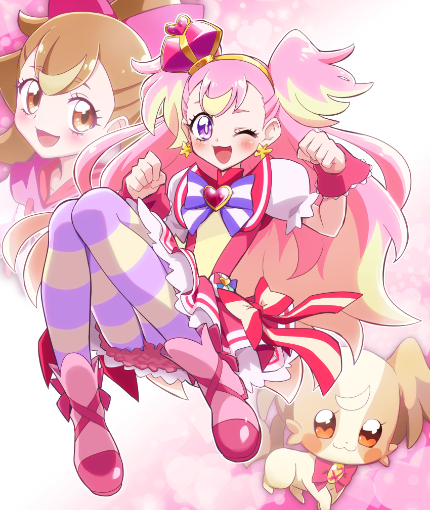 2girls :d ;d absurdres blonde_hair blush bow brooch brown_eyes brown_hair crown cure_wonderful dog dot_nose dress dress_bow full_body hair_bow hairband heart heart_background heart_brooch highres hood hoodie inukai_komugi inukai_komugi_(dog) jewelry legs_together long_hair looking_at_viewer mini_crown multicolored_bow multicolored_hair multicolored_pantyhose multiple_girls multiple_persona one_eye_closed open_mouth pantyhose papillon_(dog) petticoat pink_background pink_bow pink_dress pink_footwear pink_hair pink_hoodie pink_wrist_cuffs pouch precure puffy_sleeves purple_bow purple_eyes shoes short_dress smile streaked_hair striped_bow striped_clothes striped_pantyhose tilted_headwear two-tone_hair two_side_up usoco wonderful_precure! wrist_cuffs yellow_hairband