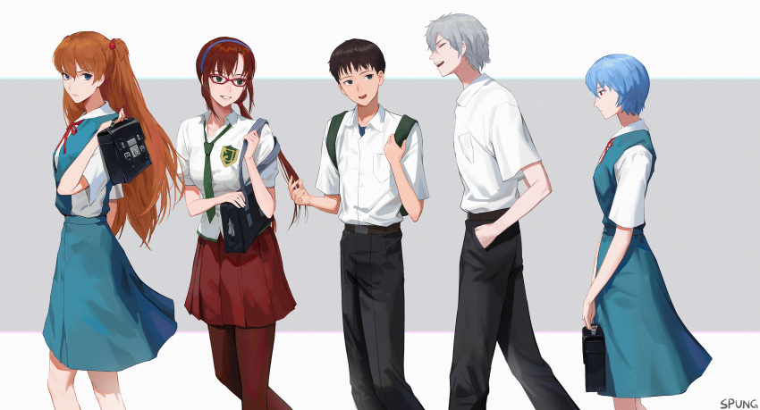 2boys 3girls artist_name ayanami_rei bag bangs belt black_eyes black_pants blue_eyes blue_hair brown_belt brown_hair closed_eyes dress dress_shirt evangelion:_3.0+1.0_thrice_upon_a_time eyebrows_visible_through_hair green_eyes green_necktie grey_hair hair_ornament highres ikari_shinji long_hair looking_back makinami_mari_illustrious multiple_boys multiple_girls nagisa_kaworu necktie neon_genesis_evangelion open_mouth pants rebuild_of_evangelion red_eyes red_hair red_legwear red_ribbon red_skirt ribbon sailor_collar sailor_dress sailor_shirt school_bag school_uniform shirt short_hair signature simple_background skirt smile souryuu_asuka_langley spung talking thighhighs twintails white_background white_shirt