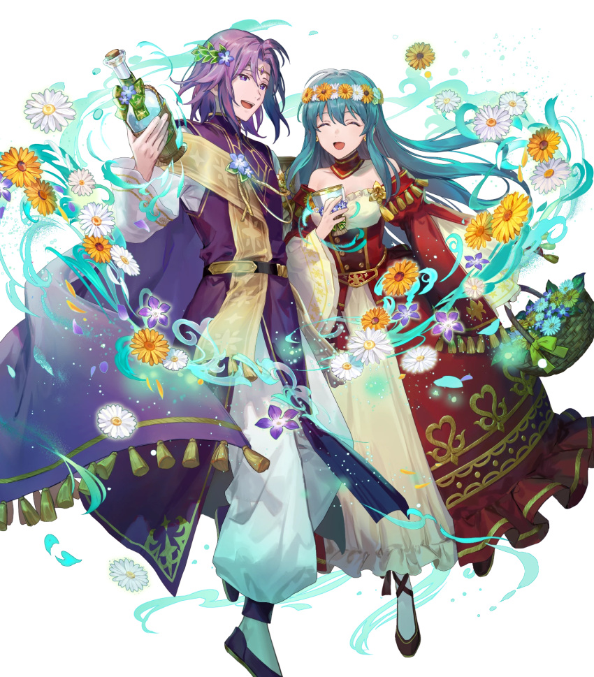 1boy 1girl aqua_hair basket bottle breasts cape chalice circlet closed_mouth cup dress eirika_(fire_emblem) eirika_(valentine)_(fire_emblem) fire_emblem fire_emblem:_the_sacred_stones fire_emblem_heroes flower_wreath head_wreath highres holding holding_basket holding_bottle juliet_sleeves long_sleeves lyon_(fire_emblem) lyon_(valentine)_(fire_emblem) medium_breasts medium_hair non-web_source official_alternate_costume official_art open_mouth puffy_sleeves purple_cape purple_hair purple_robe red_dress robe short_hair smile wine_bottle