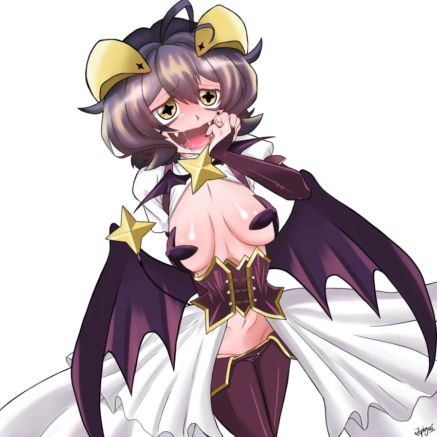 bat_wings breastless_clothes breasts corset covered_nipples cross-shaped_pupils fangs highres hiiragi_utena horns lowleg lowleg_pants magia_baiser magical_girl mahou_shoujo_ni_akogarete medium_breasts navel open_mouth pants saliva short_hair showgirl_skirt symbol-shaped_pupils wings