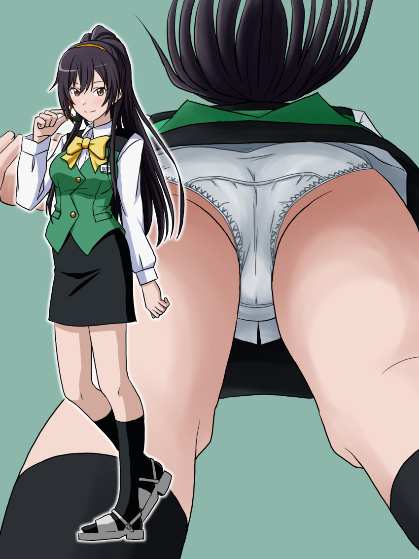 1girl ass black_hair black_skirt black_socks bow commentary_request commission cosplay crotch_seam dress_shirt from_below green_background green_vest hairband heel_up high_ponytail highres idolmaster idolmaster_shiny_colors lielos long_hair long_sleeves looking_at_viewer miniskirt mtu_virus multiple_views name_tag orange_hairband otonashi_kotori otonashi_kotori_(cosplay) outline panties partial_commentary pencil_skirt pixiv_commission ponytail sandals shirase_sakuya shirt simple_background skirt socks standing underwear upskirt vest white_footwear white_outline white_panties white_shirt wing_collar yellow_bow yellow_eyes