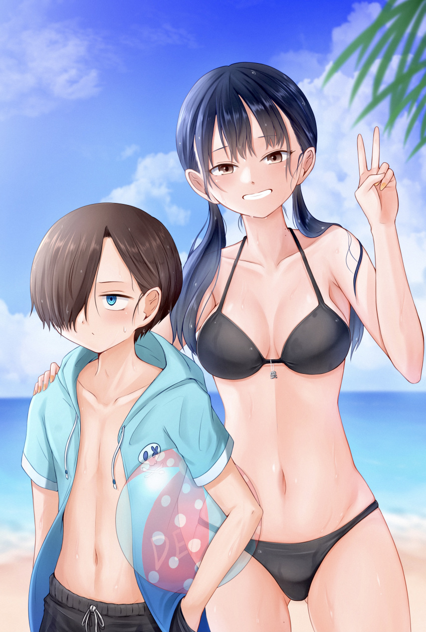 1boy 1girl absurdres ball beach beachball bikini black_bikini black_hair blue_eyes blue_hair blue_hoodie boku_no_kokoro_no_yabai_yatsu breasts breasts_apart brown_eyes collarbone cowboy_shot dark_blue_hair day hair_over_one_eye halterneck hand_in_pocket hand_on_another's_shoulder hand_up height_difference highres hood hoodie ichikawa_kyoutarou long_hair medium_breasts mole mole_on_neck multiple_moles navel ocean open_clothes open_hoodie outdoors ringed_eyes sacra_(sacrabokuyaba) sand short_hair skull_charm sky swimsuit twintails v yamada_anna