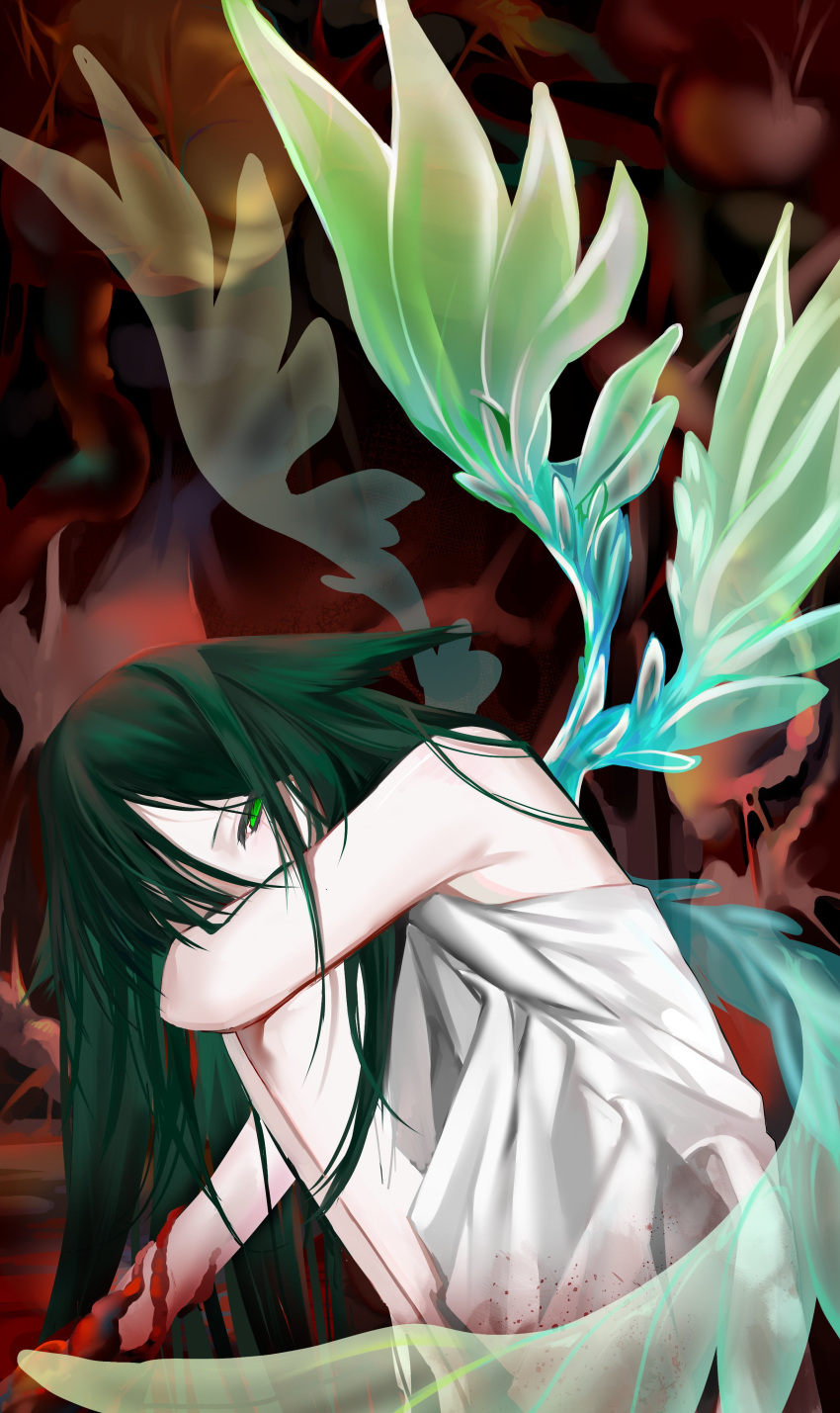 1girl absurdres bare_shoulders blood blood_stain dress green_eyes green_hair green_wings gunenamii hair_flaps highres long_hair looking_at_viewer saya_(saya_no_uta) saya_no_uta solo squatting tendril white_dress wings