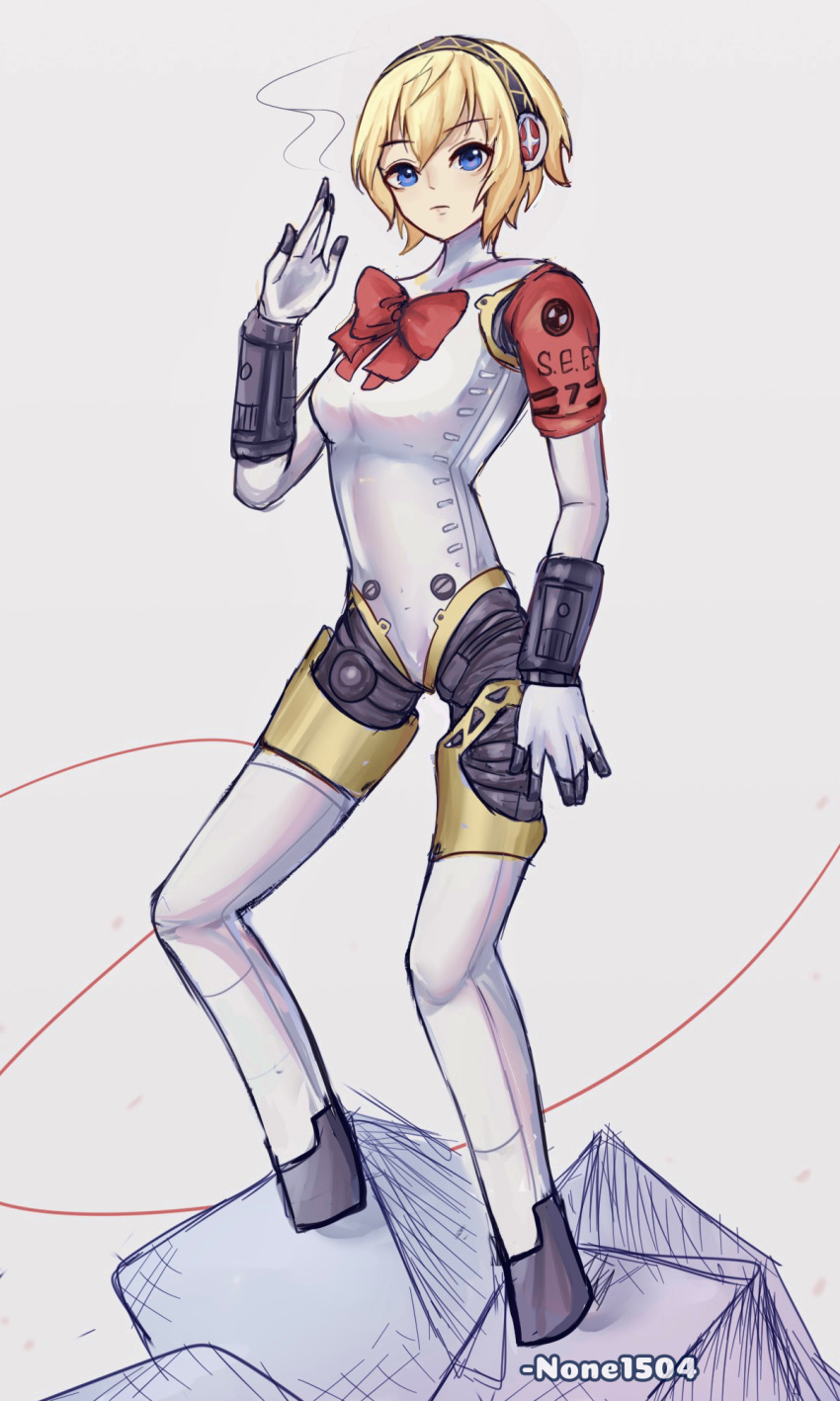 1girl aegis_(persona) arm_up artist_name blonde_hair blue_eyes bow bowtie commentary english_commentary full_body hairband highres joints looking_at_viewer none1504 persona persona_3 persona_3_reload photo-referenced red_bow red_bowtie robot_girl robot_joints short_hair smoke solo standing