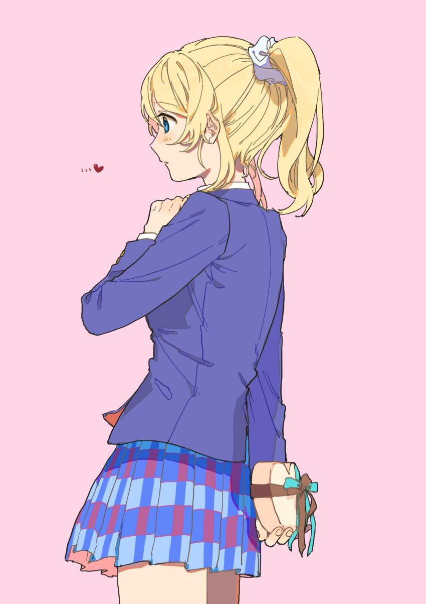 1girl ayase_eli blonde_hair blue_eyes blue_jacket blue_skirt blush from_side gift highres holding holding_gift jacket long_hair long_sleeves love_live! love_live!_school_idol_project otonokizaka_school_uniform pink_background plaid plaid_skirt pleated_skirt ponytail rinrin_johann school_uniform shirt sidelocks skirt solo standing upper_body white_shirt winter_uniform