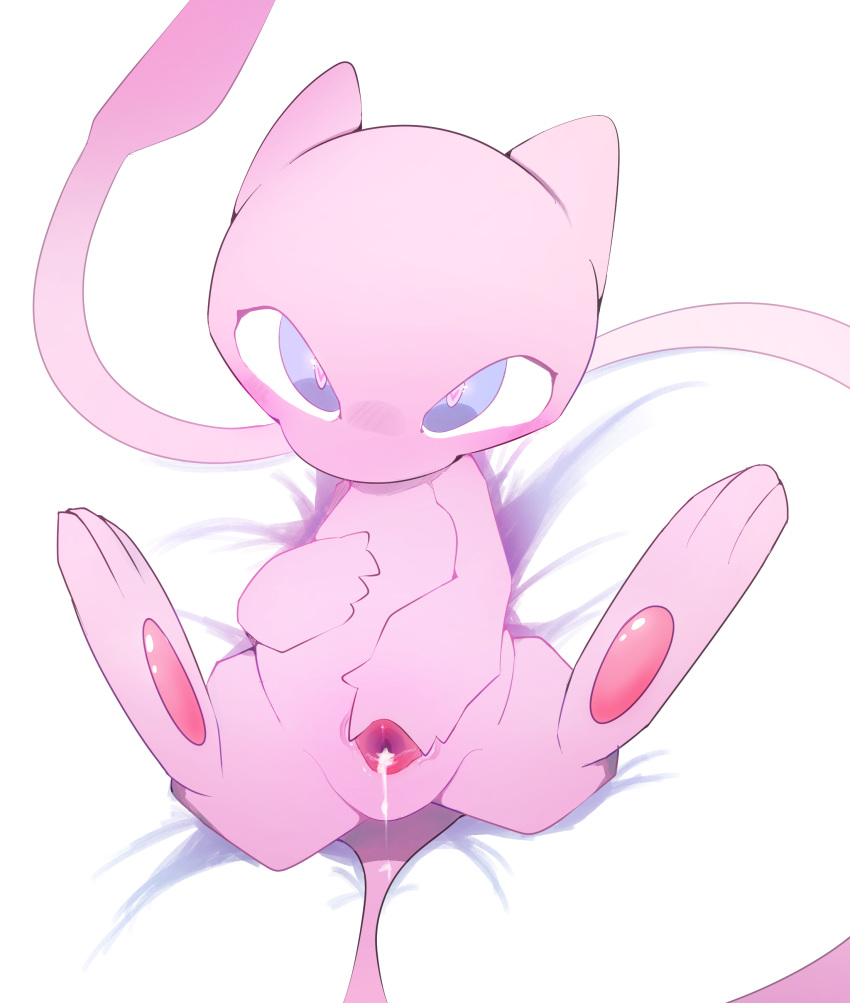 absurd_res anthro biped blue_eyes bodily_fluids cum female generation_1_pokemon genital_fluids genitals hi_res legendary_pokemon mew_(pokemon) mzuyamu nintendo pink_body pokemon pokemon_(species) pussy solo